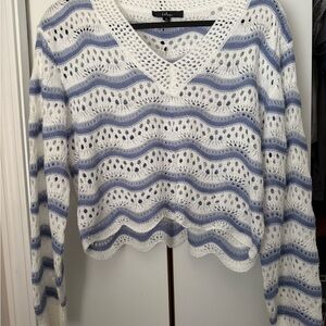 Lulu's White and Blue V-Neck Sweater with Wavy Stripes
